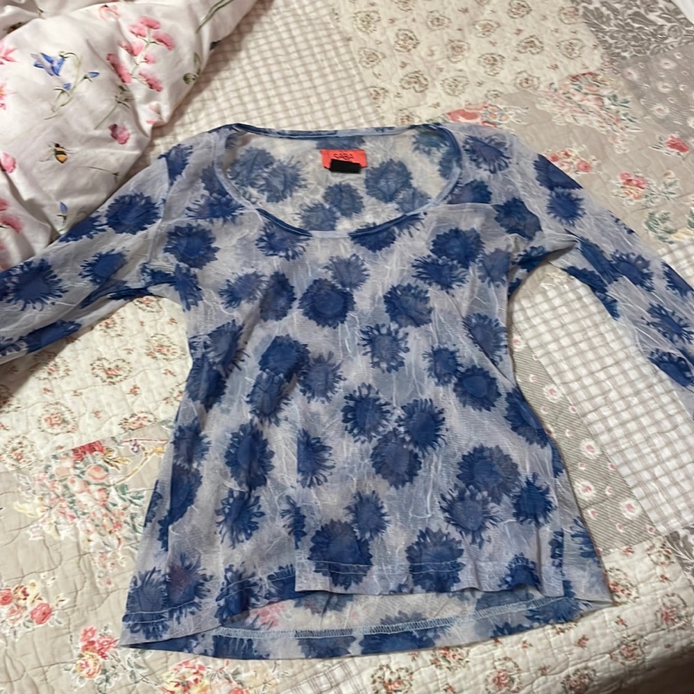 SABA pink label transparent blue flower long sleeve top